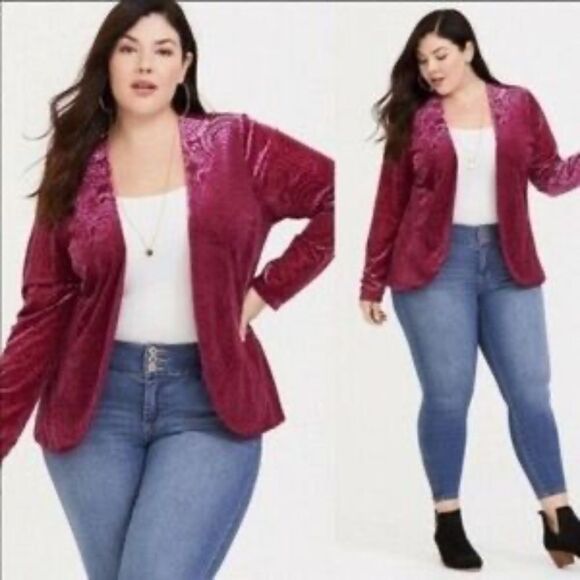 Torrid Burgundy Burnout Velour Blazer Open Cardigan 10/12 Sz 00 - Picture 1 of 3